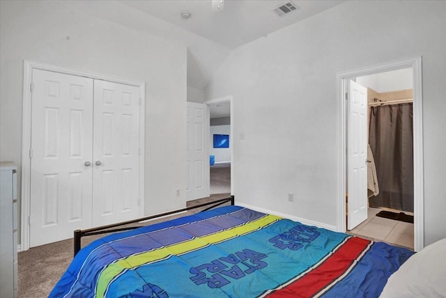 1516 Stonehill Ct, Allen, TX 75002 - carpeted bedroom with a closet, lofted ceiling, ensuite bathroom, and baseboards