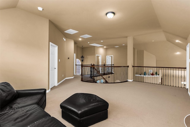 1518 E Oates Rd, Garland, TX 75043 - sitting room with lofted ceiling, carpet floors, baseboards, recessed lighting, and an upstairs landing