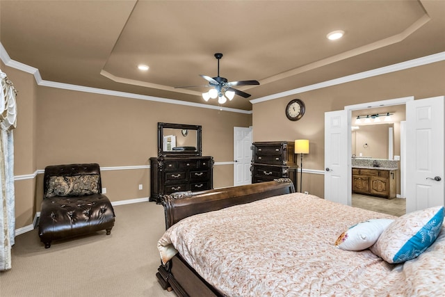 1518 E Oates Rd, Garland, TX 75043 - bedroom with a tray ceiling, light colored carpet, ornamental molding, recessed lighting, and a ceiling fan