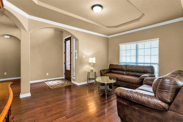 1518 E Oates Rd, Garland, TX 75043 - living room featuring a raised ceiling, arched walkways, hardwood / wood-style flooring, and ornamental molding