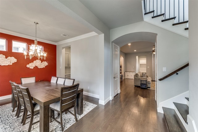 1031 Devonshire Dr, Allen, TX 75013 - dining space featuring stairway, arched walkways, hardwood / wood-style flooring, baseboards, and ceiling fan