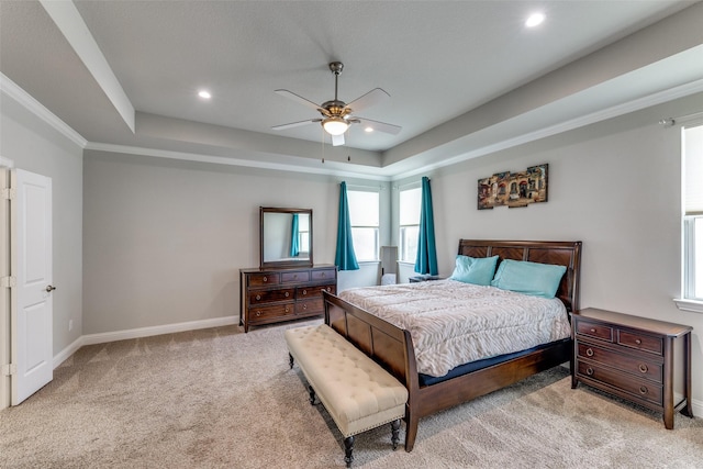 1031 Devonshire Dr, Allen, TX 75013 - carpeted bedroom featuring a raised ceiling, baseboards, recessed lighting, and a ceiling fan