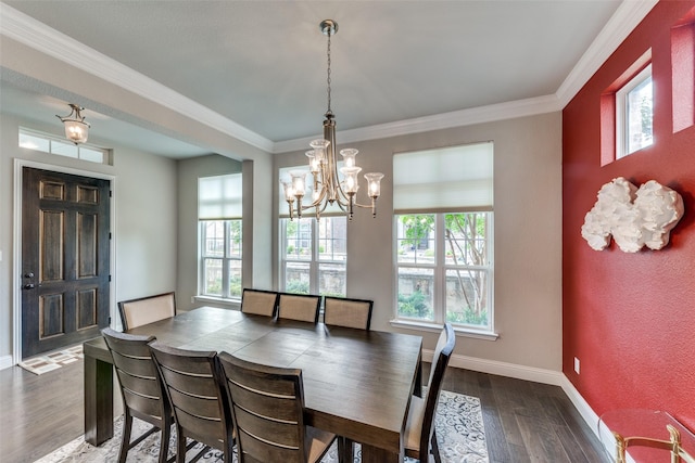 1031 Devonshire Dr, Allen, TX 75013 - dining room featuring a chandelier, ornamental molding, baseboards, and dark wood-style flooring