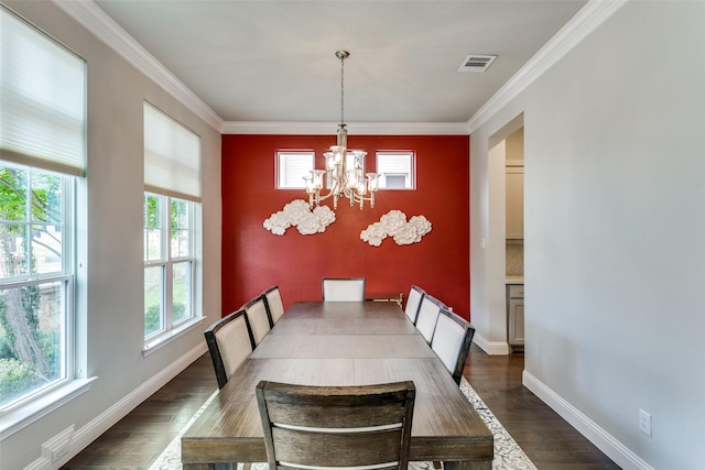 1031 Devonshire Dr, Allen, TX 75013 - dining area featuring a chandelier, dark wood-style floors, crown molding, and baseboards