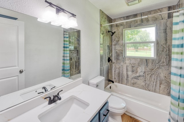 308 Larry Rd, Krugerville, TX 76227 - full bathroom featuring toilet, shower / bathtub combination with curtain, and vanity
