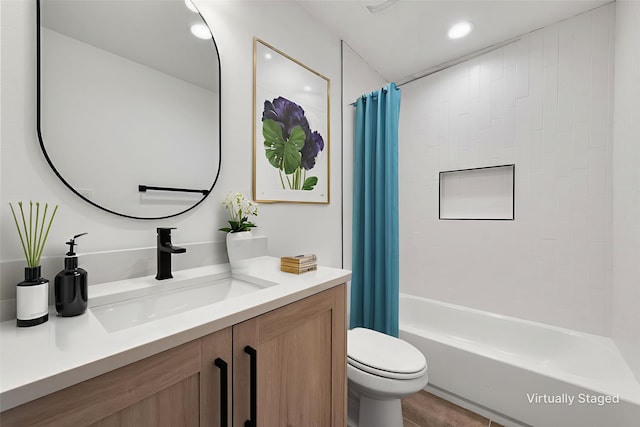 8901 Lowell St, Rowlett, TX 75089 - bathroom with vanity, toilet, shower / tub combo with curtain, and recessed lighting