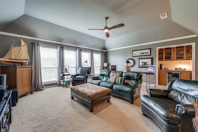 2841 Winding Creek Rd, Prosper, TX 75078 - living area with lofted ceiling, light carpet, ceiling fan, and beverage cooler