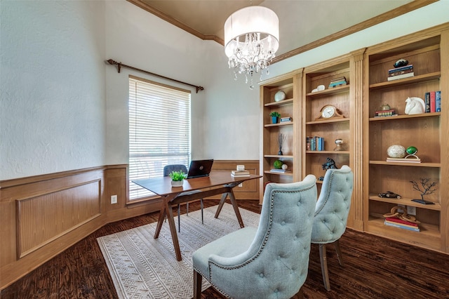 2841 Winding Creek Rd, Prosper, TX 75078 - office space featuring dark wood-style flooring, crown molding, a chandelier, and a wainscoted wall