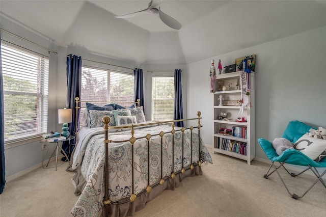 2841 Winding Creek Rd, Prosper, TX 75078 - bedroom with multiple windows, carpet, vaulted ceiling, ceiling fan, and baseboards