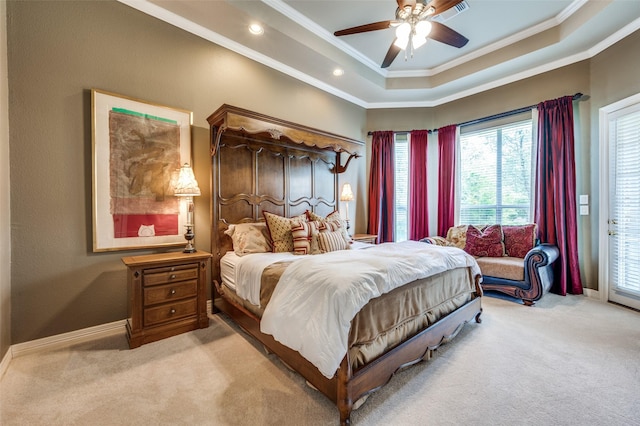 2841 Winding Creek Rd, Prosper, TX 75078 - bedroom featuring ornamental molding, light colored carpet, access to outside, a raised ceiling, and baseboards