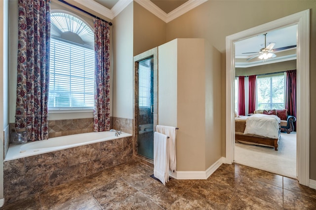 2841 Winding Creek Rd, Prosper, TX 75078 - full bathroom with ornamental molding, a bath, connected bathroom, ceiling fan, and an enclosed shower