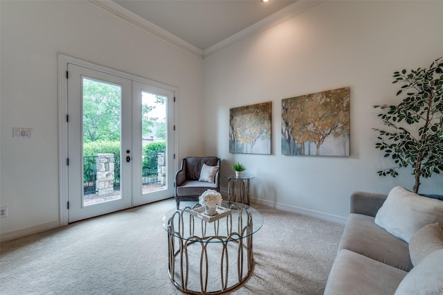 2841 Winding Creek Rd, Prosper, TX 75078 - sitting room featuring carpet floors, french doors, crown molding, and baseboards