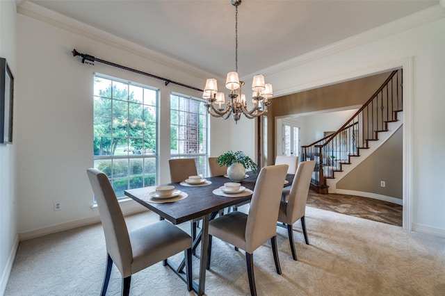 2841 Winding Creek Rd, Prosper, TX 75078 - dining space featuring light colored carpet, ornamental molding, stairway, a chandelier, and baseboards