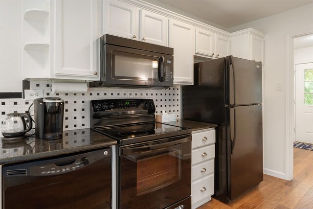 12752 Honeysuckle Cir, Eustace, TX 75124 - kitchen with black appliances, white cabinetry, light wood-style floors, open shelves, and decorative backsplash