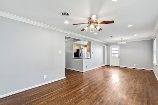 2969 Eric Ln, Farmers Branch, TX 75234 - unfurnished living room with a ceiling fan, recessed lighting, dark wood-style flooring, a chandelier, and ornamental molding