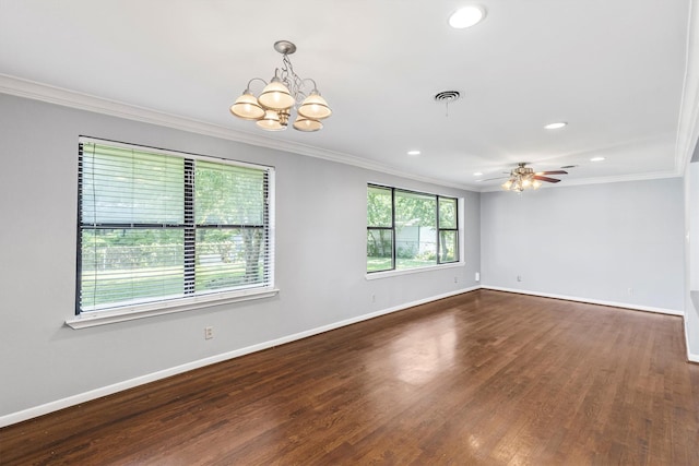 2969 Eric Ln, Farmers Branch, TX 75234 - empty room with crown molding, wood finished floors, a chandelier, recessed lighting, and ceiling fan