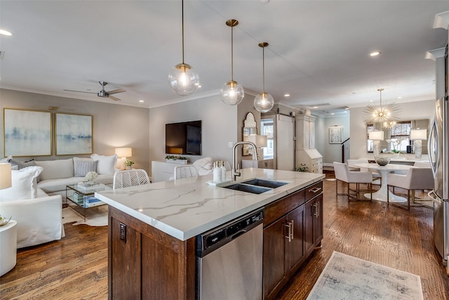 4121 Grassmere Ln Unit 3, University Park, TX 75205 - kitchen with stainless steel appliances, a sink, open floor plan, a ceiling fan, and ornamental molding