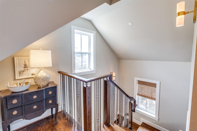 4121 Grassmere Ln Unit 3, University Park, TX 75205 - stairway with lofted ceiling, wood finished floors, healthy amount of natural light, and baseboards