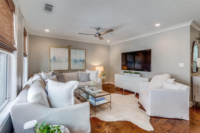 4121 Grassmere Ln Unit 3, University Park, TX 75205 - living room with wood finished floors, a ceiling fan, baseboards, crown molding, and recessed lighting