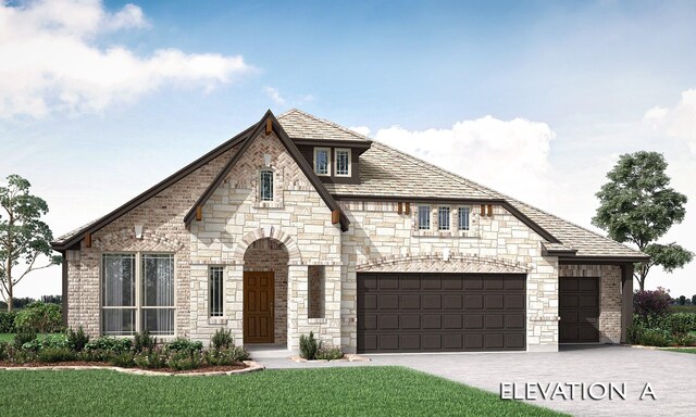 411 Atlas Cedar Dr, Glenn Heights, TX 75154 - french provincial home with a front yard, stone siding, driveway, and a garage