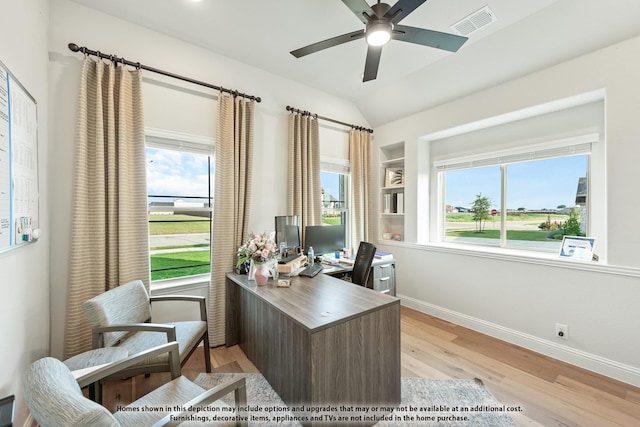 411 Atlas Cedar Dr, Glenn Heights, TX 75154 - office space with baseboards, ceiling fan, light wood-style flooring, and lofted ceiling