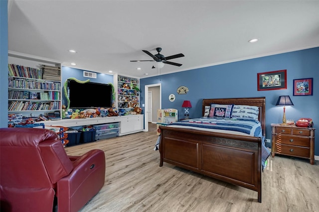 1016 Crestview Dr, Sherman, TX 75092 - bedroom featuring wood finished floors, ornamental molding, ceiling fan, and recessed lighting
