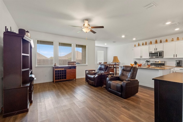 797 Hawthorn St, Princeton, TX 75407 - living room with ceiling fan, dark wood-style floors, and recessed lighting