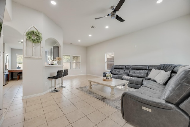 5414 Wild Oak Rd, Balch Springs, TX 75180 - living area featuring light tile patterned floors, ceiling fan, recessed lighting, and baseboards