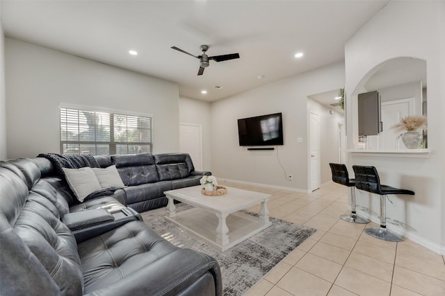 5414 Wild Oak Rd, Balch Springs, TX 75180 - living area with ceiling fan, recessed lighting, light tile patterned floors, and baseboards