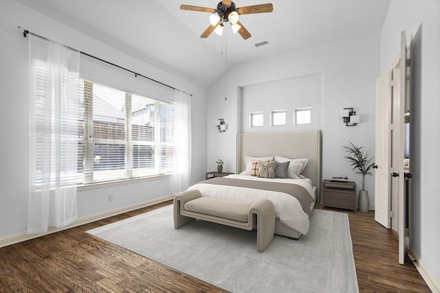 1208 Claire St, Lantana, TX 76226 - bedroom with dark wood-style floors, vaulted ceiling, and a ceiling fan