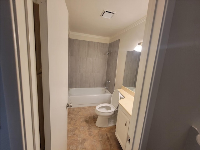 1340 Finley Dr, Plano, TX 75025 - bathroom with toilet, vanity, crown molding, and shower / washtub combination