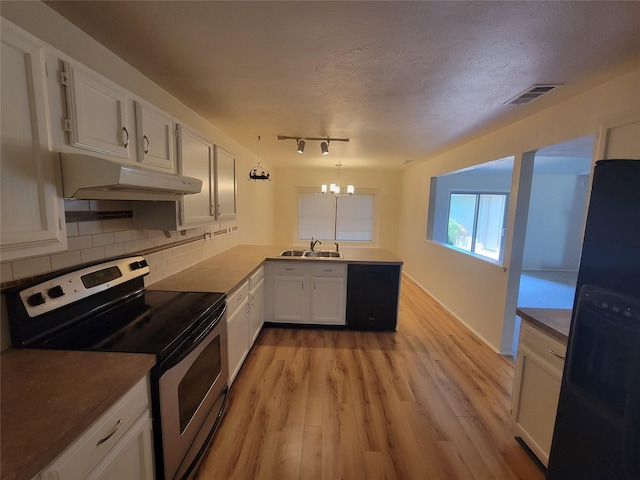 1340 Finley Dr, Plano, TX 75025 - kitchen with electric range, freestanding refrigerator, a sink, a peninsula, and under cabinet range hood