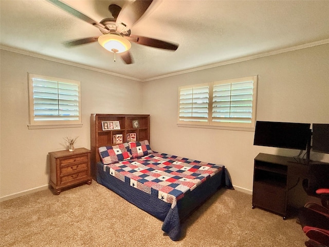 1415 Scenic Dr, Graham, TX 76450 - bedroom featuring carpet flooring, crown molding, baseboards, and ceiling fan