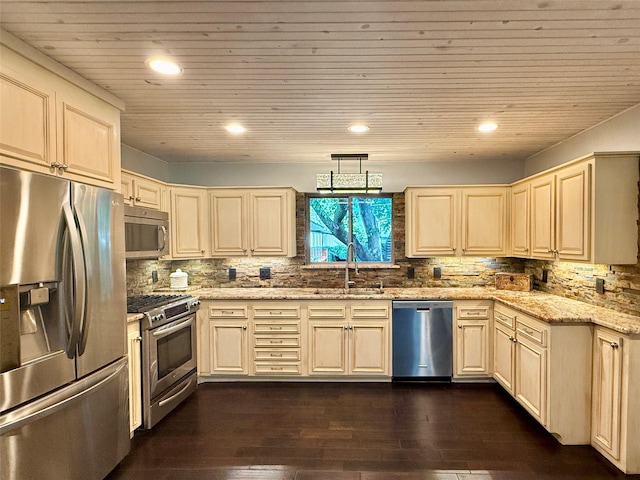 1415 Scenic Dr, Graham, TX 76450 - kitchen featuring stainless steel appliances, a sink, wood ceiling, cream cabinets, and dark wood-style floors