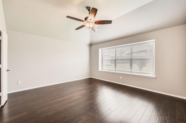 2124 Leonard Ranch Rd, Fort Worth, TX 76134 - unfurnished room featuring a ceiling fan, baseboards, dark wood-style flooring, and lofted ceiling