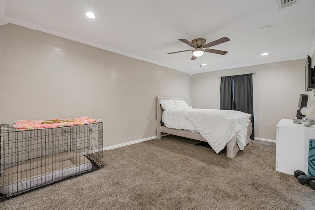 203 Olive St, Waxahachie, TX 75165 - carpeted bedroom with recessed lighting, crown molding, and a ceiling fan