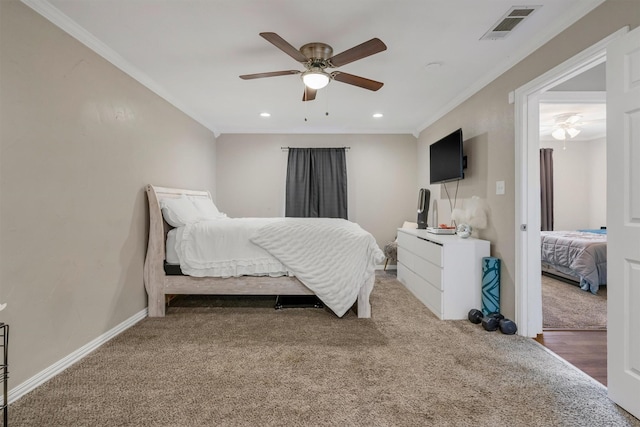 203 Olive St, Waxahachie, TX 75165 - carpeted bedroom featuring crown molding, recessed lighting, and ceiling fan