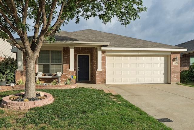 9217 Oldwest Trl, Fort Worth, TX 76131 - single story home featuring brick siding, driveway, an attached garage, a front yard, and roof with shingles