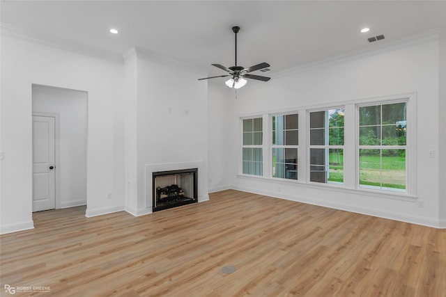 231 Ramsey, Stonewall, LA 71078 - unfurnished living room with crown molding, ceiling fan, light wood-style flooring, a fireplace, and recessed lighting