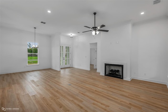 231 Ramsey, Stonewall, LA 71078 - unfurnished living room with ornamental molding, recessed lighting, ceiling fan, light wood-type flooring, and a fireplace