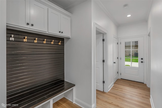 231 Ramsey, Stonewall, LA 71078 - mudroom with light wood-style flooring, crown molding, and recessed lighting