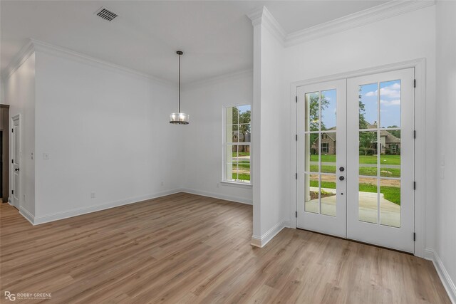 231 Ramsey, Stonewall, LA 71078 - doorway to outside featuring ornamental molding, light wood-style flooring, french doors, and a chandelier