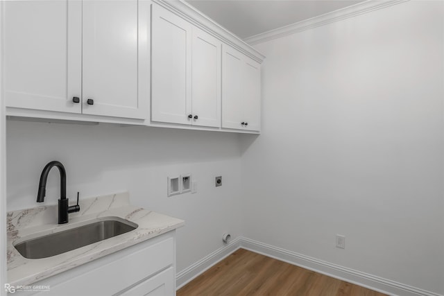 231 Ramsey, Stonewall, LA 71078 - washroom featuring cabinet space, electric dryer hookup, washer hookup, crown molding, and wood finished floors