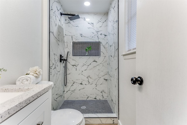 806 Brookshire Cir, Garland, TX 75043 - full bathroom featuring a marble finish shower, vanity, toilet, and recessed lighting