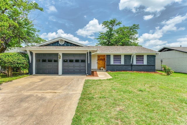 806 Brookshire Cir, Garland, TX 75043 - single story home featuring a garage, concrete driveway, brick siding, a front yard, and a shingled roof