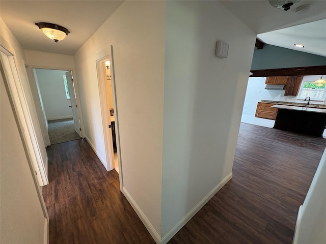 6805 Eagle Rock Dr, Fort Worth, TX 76133 - corridor featuring dark wood finished floors, baseboards, and a sink