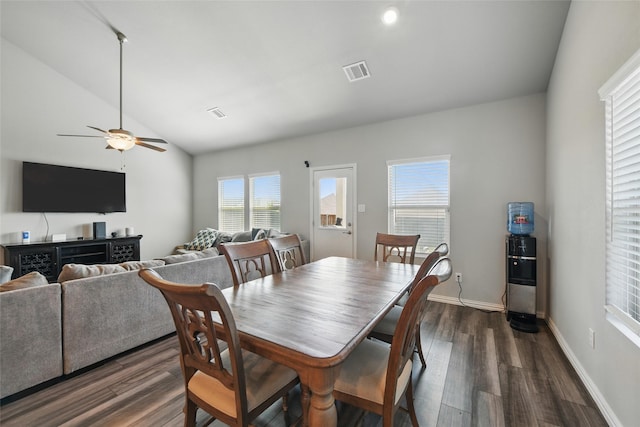 5637 Castle Peak Bnd, Fort Worth, TX 76126 - dining space with dark wood-type flooring, ceiling fan, lofted ceiling, and baseboards