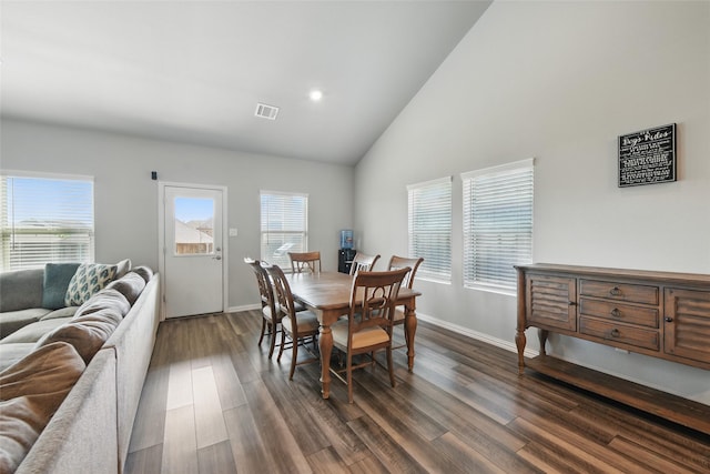 5637 Castle Peak Bnd, Fort Worth, TX 76126 - dining space with dark wood-style floors, high vaulted ceiling, baseboards, and recessed lighting