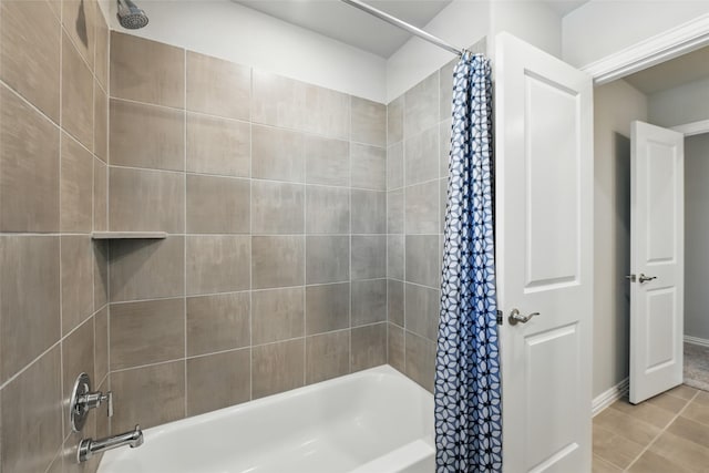 5637 Castle Peak Bnd, Fort Worth, TX 76126 - bathroom with shower / tub combo with curtain, tile patterned floors, and baseboards