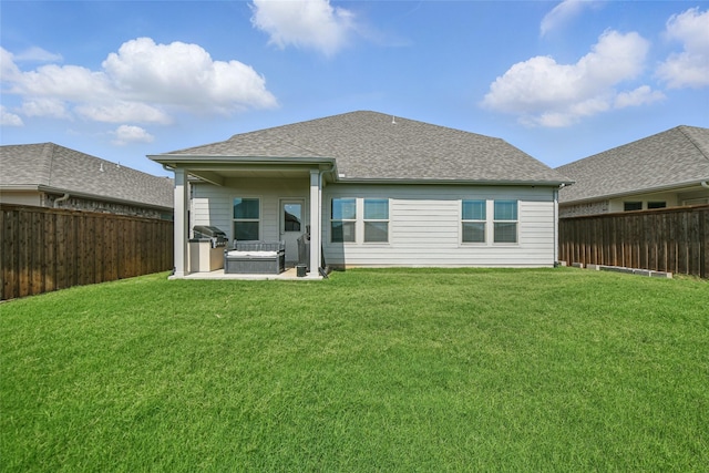 5637 Castle Peak Bnd, Fort Worth, TX 76126 - rear view of house with a covered hot tub, a patio, and roof with shingles